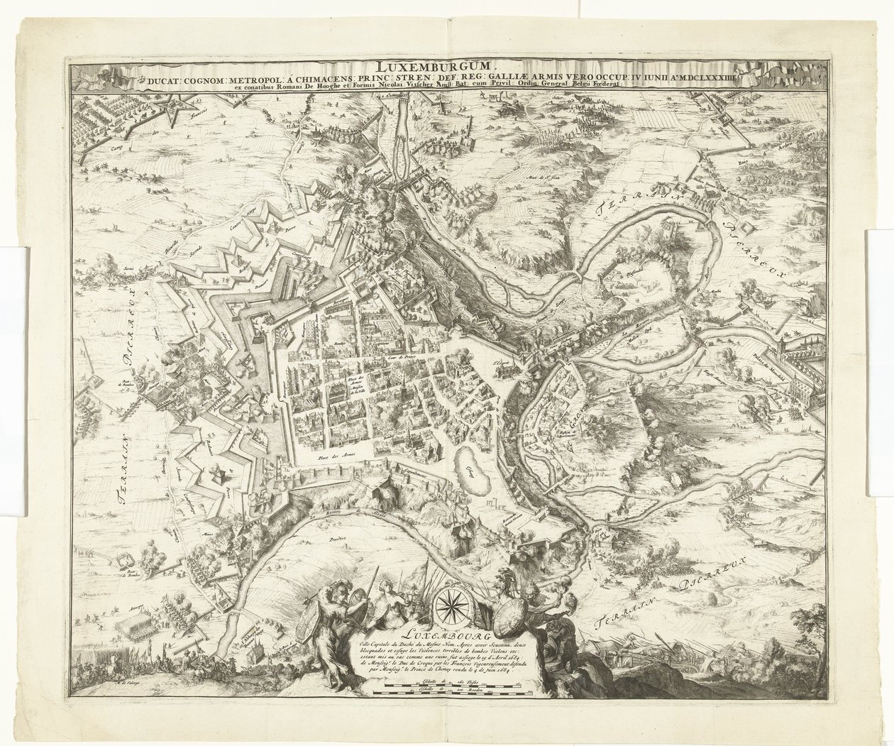 Bombardement av Luxemburg genom de maarschalk de Créquy, 1684 Luxemburg, leda. efternamn metropol en chimacensprins stren def. reg. Men Galliens armar ockuperade honom. 4 juni Ao. 8834 (titel på objekt) av Romeyn de Hooghe