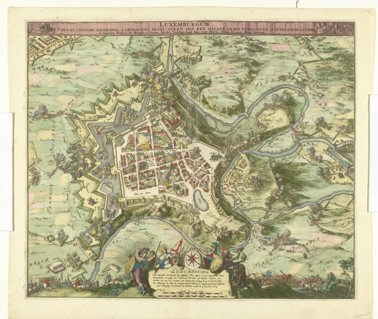 Bombardement av Luxemburg genom de maarschalk de Créquy, 1684 Luxemburg, leda. efternamn metropol en chimacensprins stren def. Reg. Men Galliens armar ockuperade honom. 4 juni Ao. 8834 (titel på objekt) av Romeyn de Hooghe