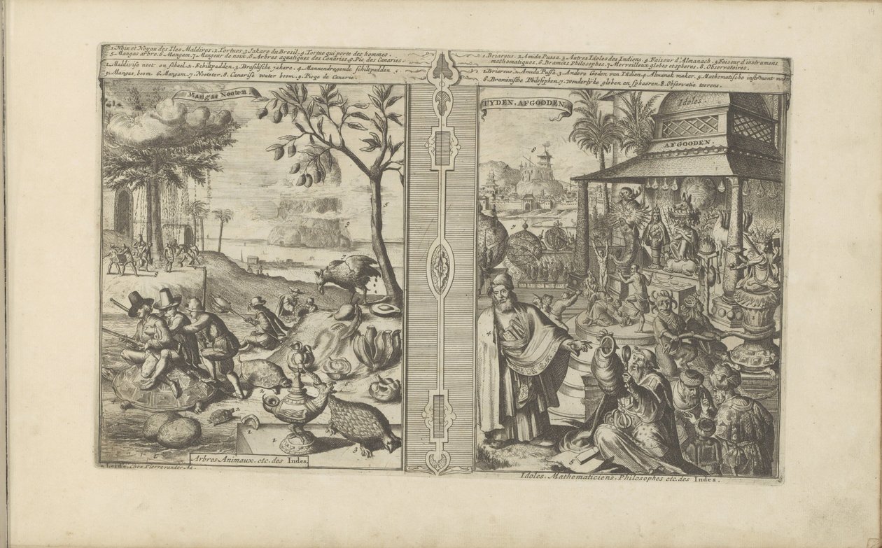 Bomen, dieren en noten; Verering van godsbilden Mangas Nooten / Träd, Djur, etc. of India // Tyden, Afgoden / Idoler, matematiker, filosofer etc. of India (titel på objekt) Öst- och Västindien och andra platser (serietitel) av Romeyn de Hooghe