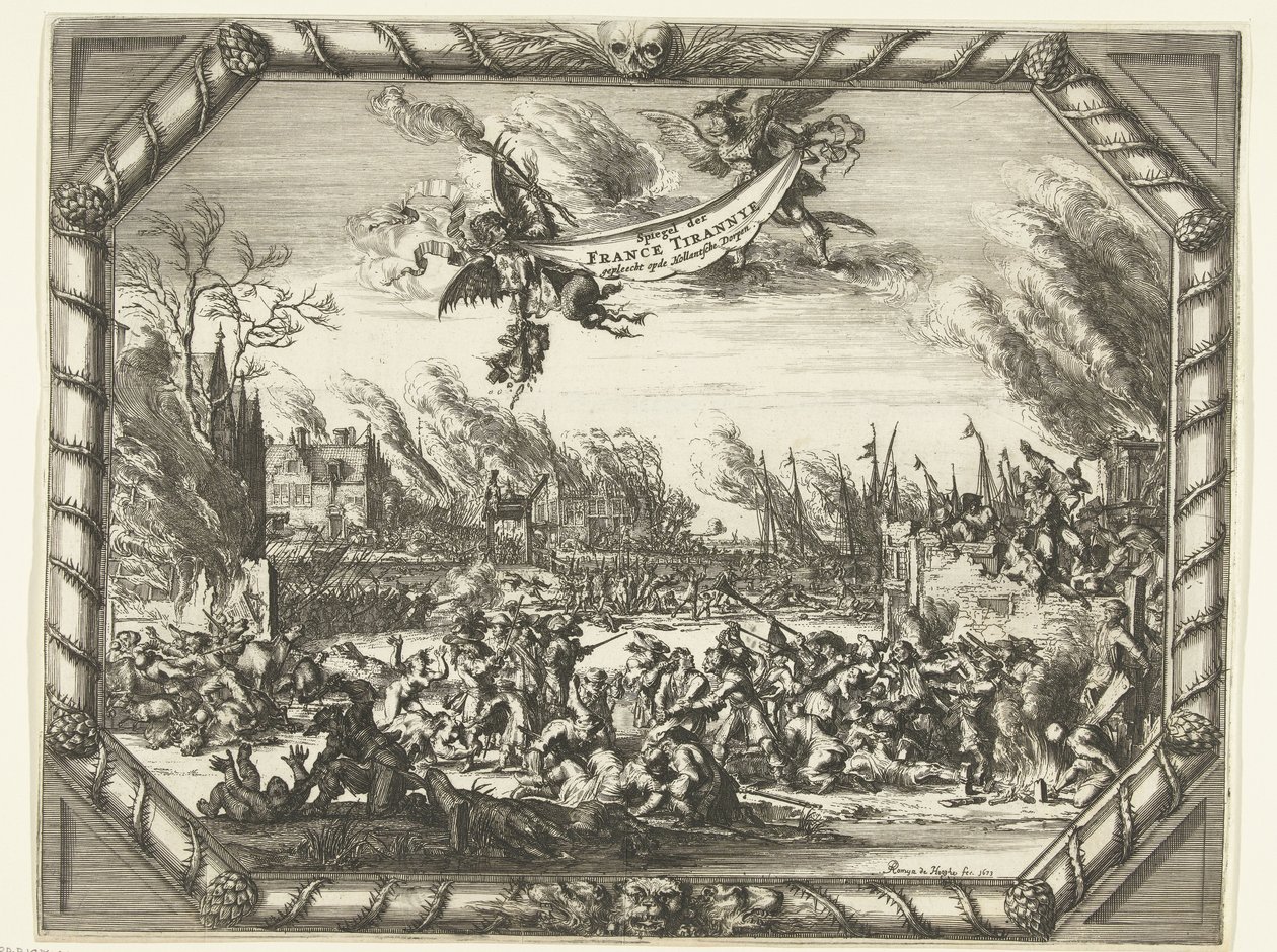 Franska grymheter i Bodegraven och Zwammerdam, 1672 Spiegel der France Tirannye pläderade vid Hollantsche Dorpen (titel på objekt) av Romeyn de Hooghe