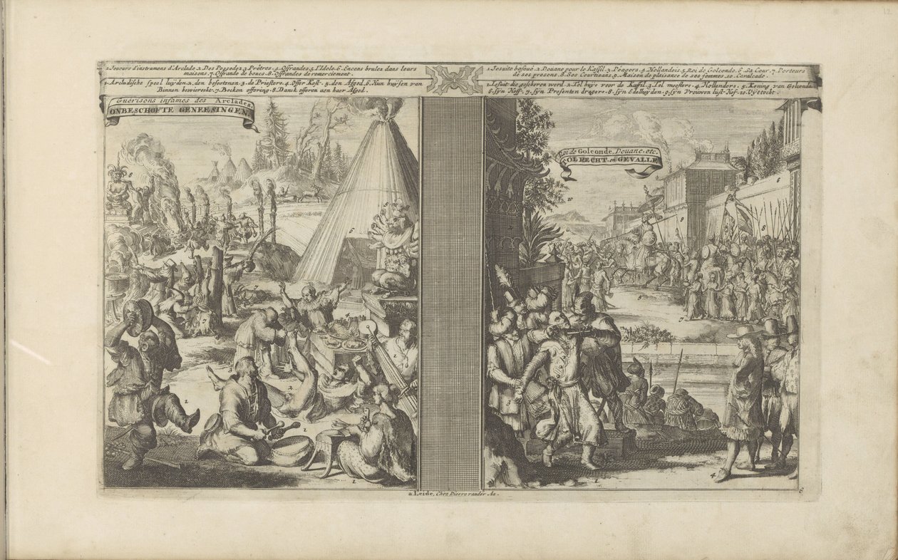 Läkare i Arclada; Jesuit rakad av en tollmaster i Golkonda Guerisons infames des Arclades / Rude Healings // Roi de Golconde, Douane, etc / Toll, en Cases (titel på objekt) Les Indes Orientales et Occidentales et autres av Romeyn de Hooghe