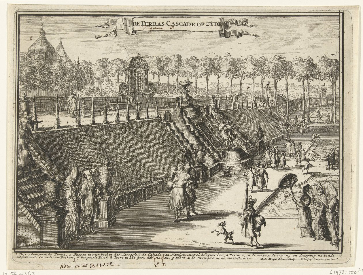 Utsikt (från sidan) av ett terrassvattenfall i parken Paleis Het Loo The Terrace Cascade på sidan (titel på objekt) Utsikt över Paleis Het Loo, tillhörande byggnader och tillhörande park (serietitel) av Romeyn de Hooghe