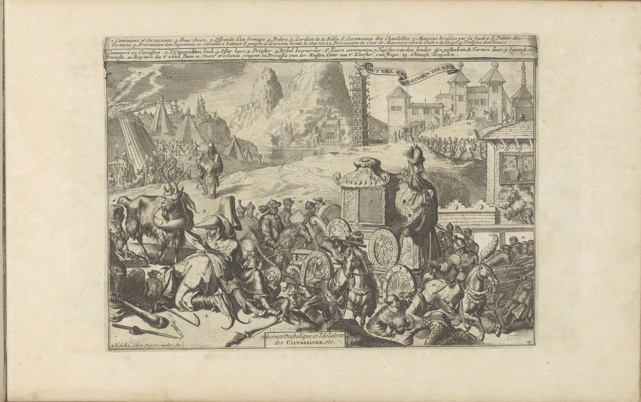 Religiösa handlingar och ceremonier i Indien Djävuls- och idoltjänst / Service Diabolique et Idolatres des Circassiens, etc (titel på objekt) Les Indes Orientales et Occidentales et autres lieux (serietitel) av Romeyn de Hooghe