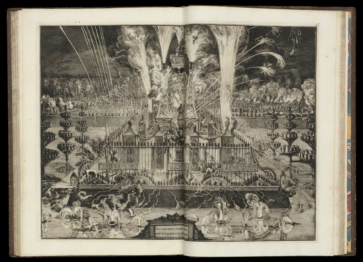 Stort fyrverkeri. Från "Hans brittiska majestäts triumfartade återkomst till Holland" (CBL AL 146, pl. 67) av Romeyn de Hooghe