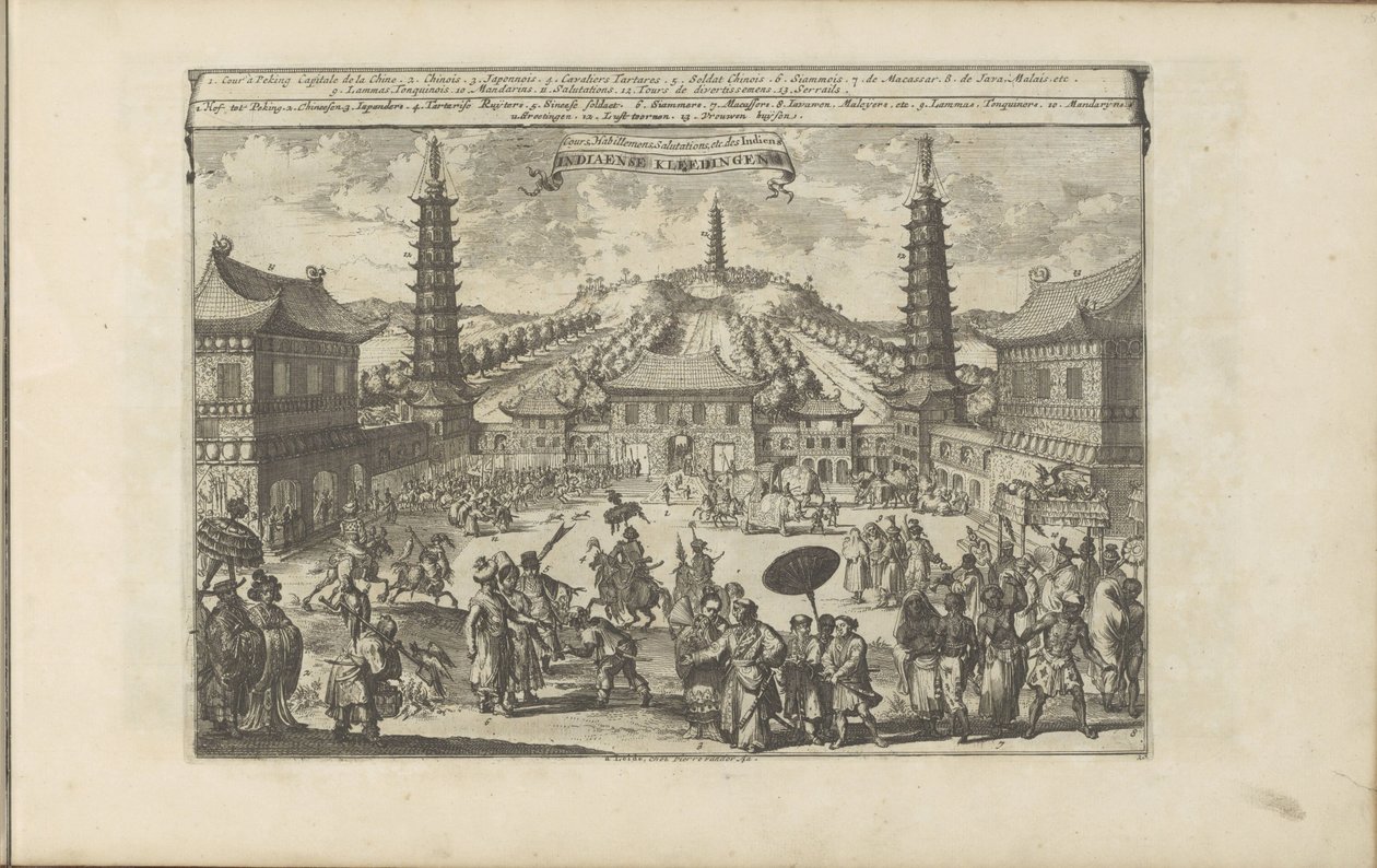 Hof i Peking Indiaense Kleedingen / Klasser, förband, hälsningar, etc. indianer (titel på objekt) Öst- och Västindien och andra platser (serietitel) av Romeyn de Hooghe