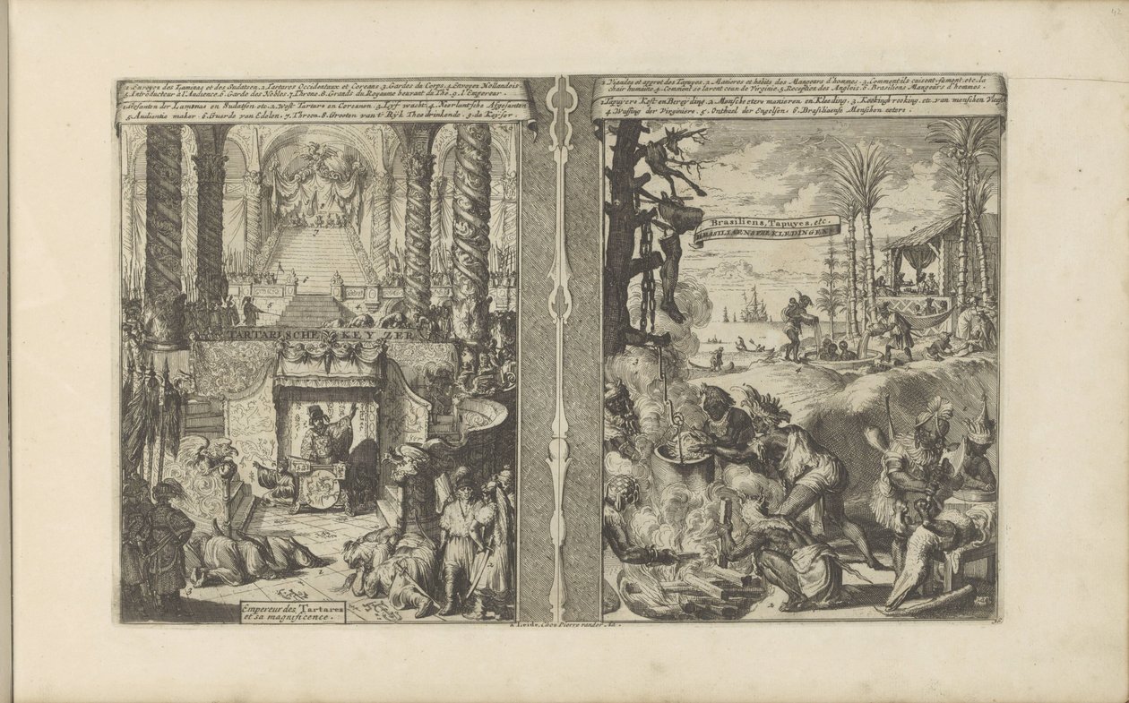 Tartarkejsarens domstol; Brasilianska tapoeier lagar sin mat Tartarische Keyzer / Empereur des Tartares et sa magnificence // Brasiliaensche Clothing / Brasiliens, Tapuyers, etc (titel på objektet) Les Indes Orientales et Occidentales et autre av Romeyn de Hooghe