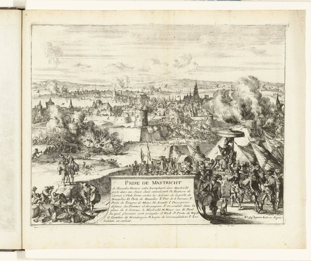 Erövring av Maastricht av hertigen av Parma, 1579 Prize de Mastricht (titel på objekt) Guerres de Flandres (serietitel) av Romeyn de Hooghe