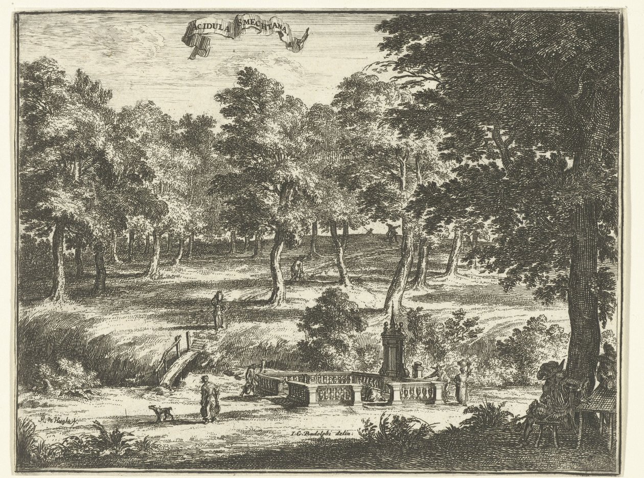 Landskap med brunnen "Acidula Smechtana" Acidula Smechtana (titel på objekt) av Romeyn de Hooghe