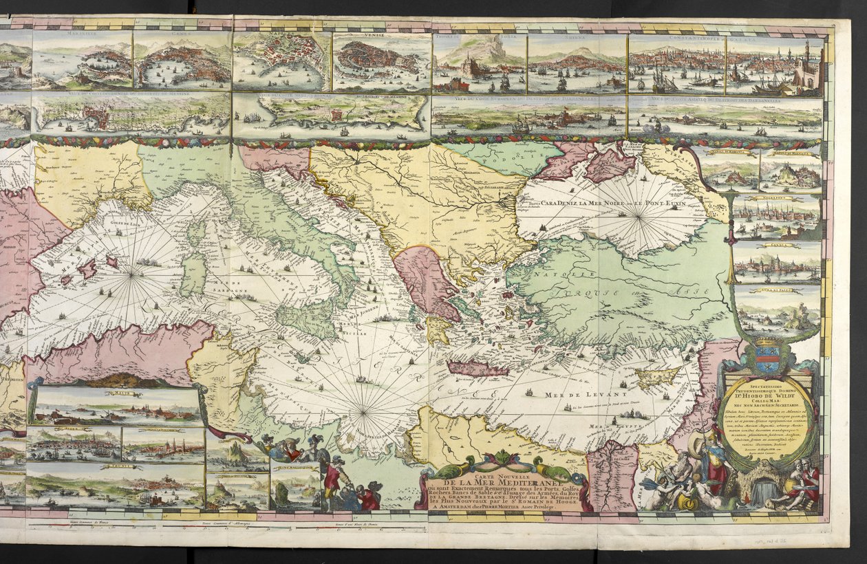 Karta över Medelhavet med allegoriska figurer och havsmonster som pryder infällningarna, från "The French Neptune and Atlas Maritime and Suite du Neptune François", av Charles Pene och Pieter Mortier av Romeyn de Hooghe