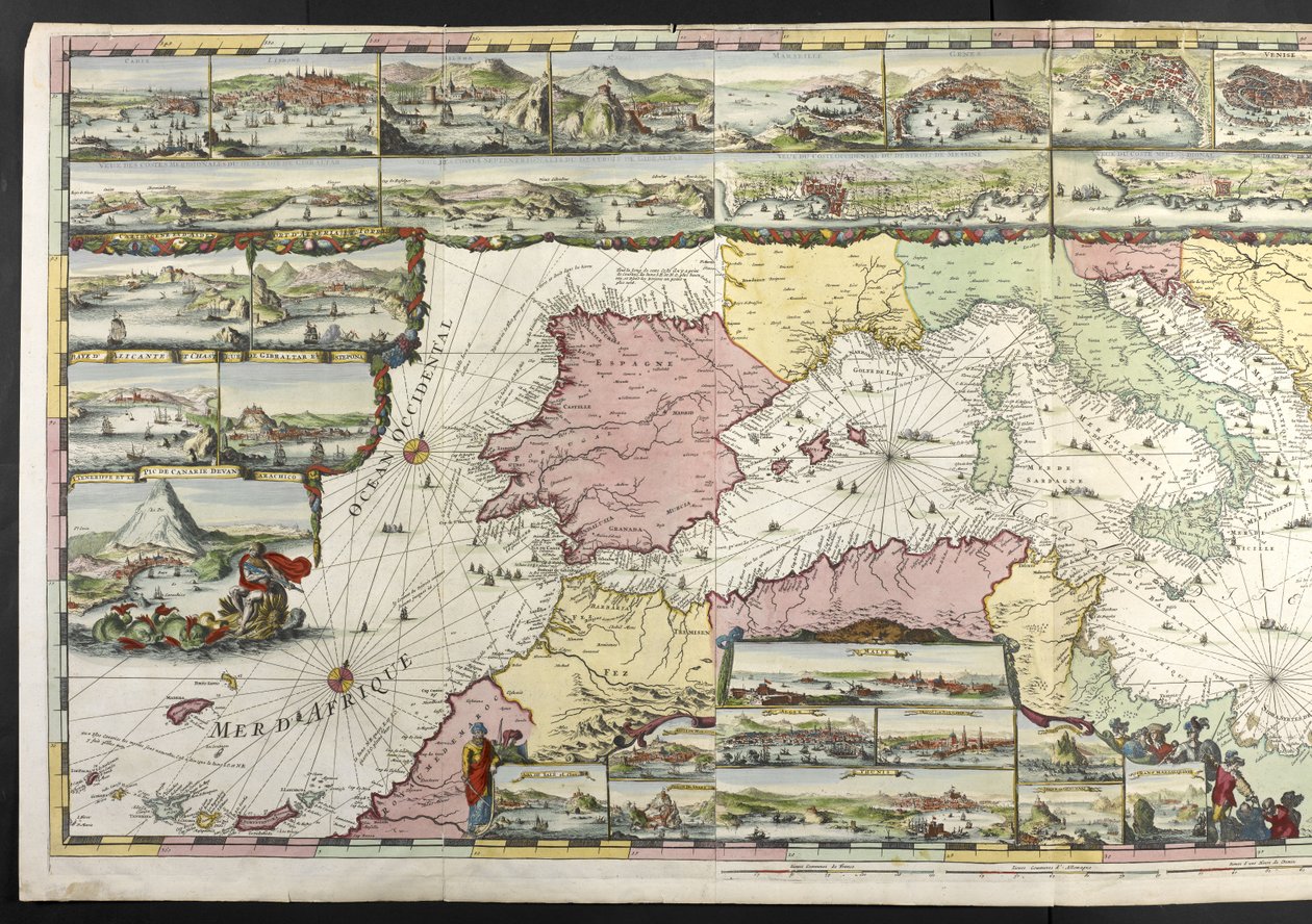Karta över Medelhavet med allegoriska figurer och havsmonster som pryder infällningarna, från "The French Neptune and Atlas Maritime and Suite du Neptune François", av Charles Pene och Pieter Mortier av Romeyn de Hooghe