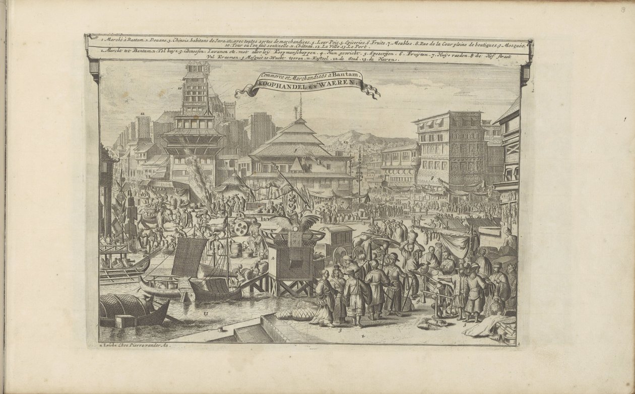 Markt en handel i Bantam Handel och varor i Bantam / Koophandel en waeren (titel på objekt) Öst- och Västindien och andra platser (serietitel) av Romeyn de Hooghe