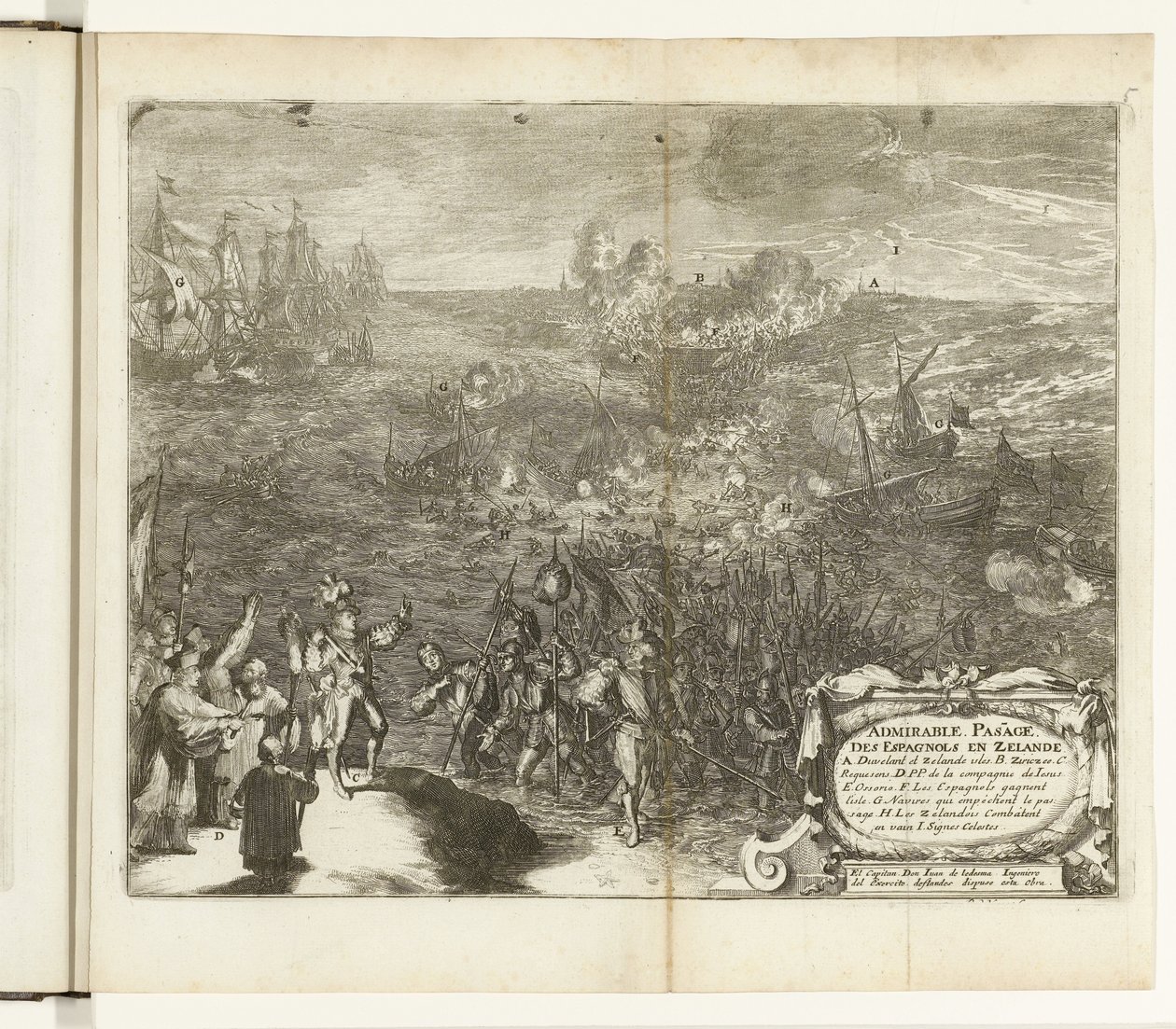 De spanska soldaternas nattliga resa till Duiveland, 1575 Beundransvärd Pas[s]age des Espagnols en Zelande (titel på objekt) Guerres de Flandres (serietitel) av Romeyn de Hooghe