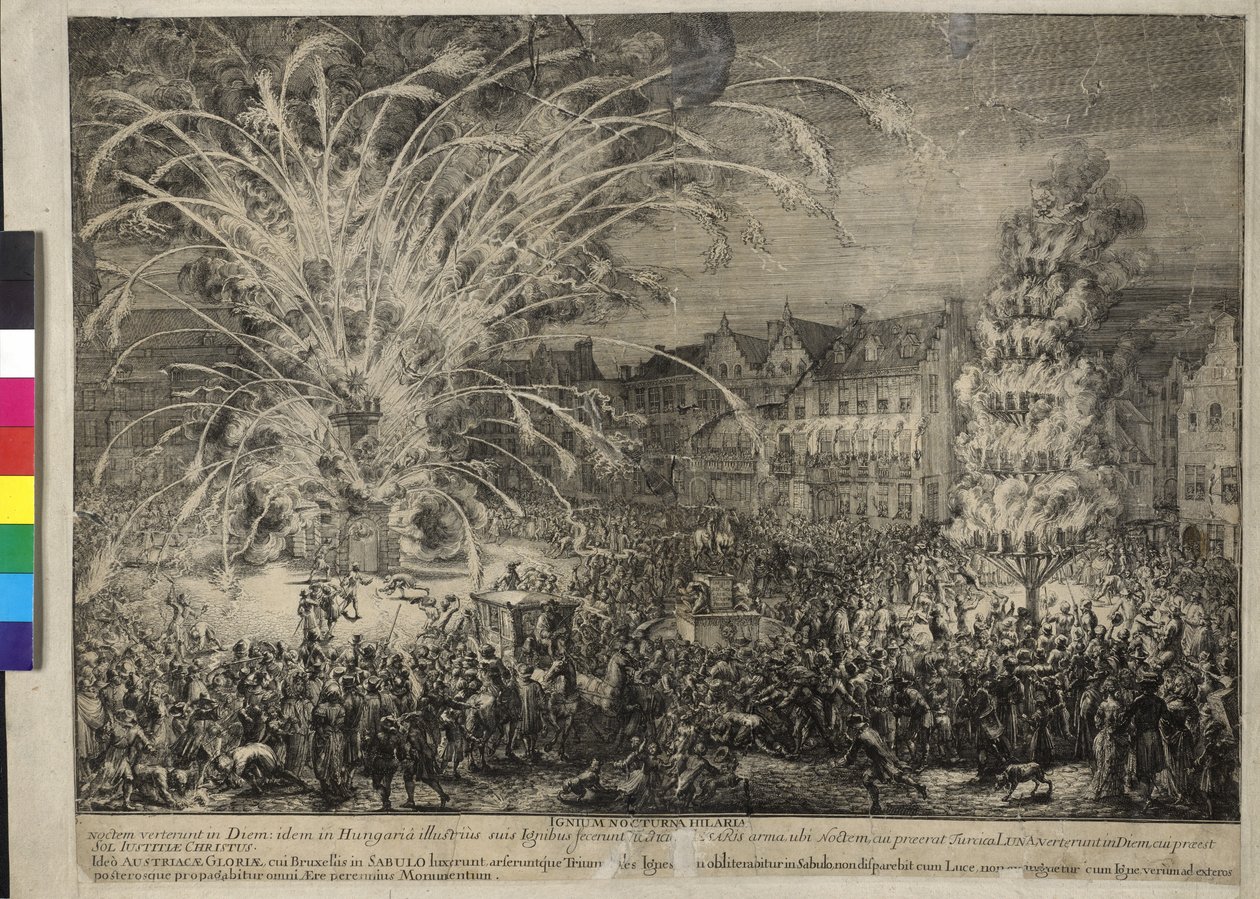 Nattligt fyrverkeri på Rue des Sablons i Bryssel 1686 (etsning) av Romeyn de Hooghe