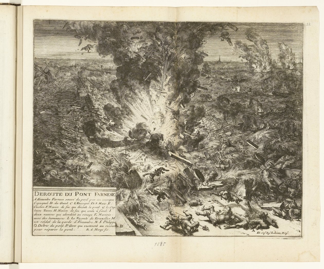 Sprängning av fartygsbron i Parma över Schelde, 1585 Deroute du Pont Farnese (titel på objekt) Guerres de Flandres (serietitel) av Romeyn de Hooghe
