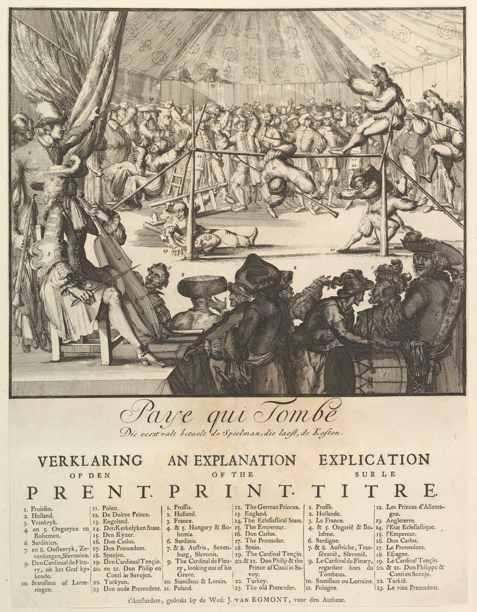 Pays qui Tombe: Vem faller först, Playman, who sist, pays the Cost The Fall of the ....n.d. av Romeyn de Hooghe