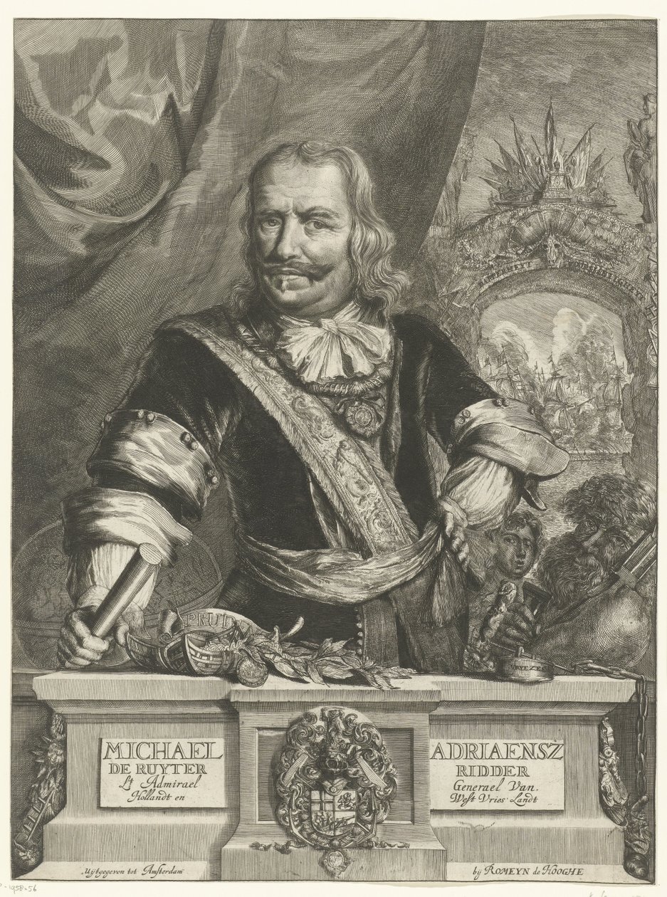 Porträtt av Michiel de Ruyter Michael Adriaensz de Ruyter Knight Generallöjtnant amiral Van Hollandt och West Vrieslandt (titel på objektet) av Romeyn de Hooghe
