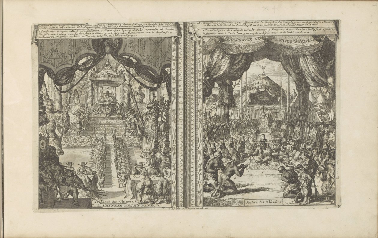 Rechtbank i Kina i Abbesinië Kinesisk rechtbank / tribunal des Chinois // Abyssinise Gerichts Handel / Justice des Abissins (titel på objektet) Öst- och Västindien och andra platser (serietitel) av Romeyn de Hooghe
