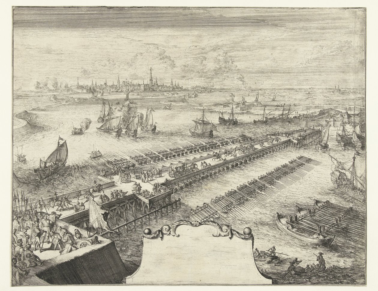 Parmaskeppsbro över Schelde, 1585 Guerres de Flandres (serietitel) av Romeyn de Hooghe