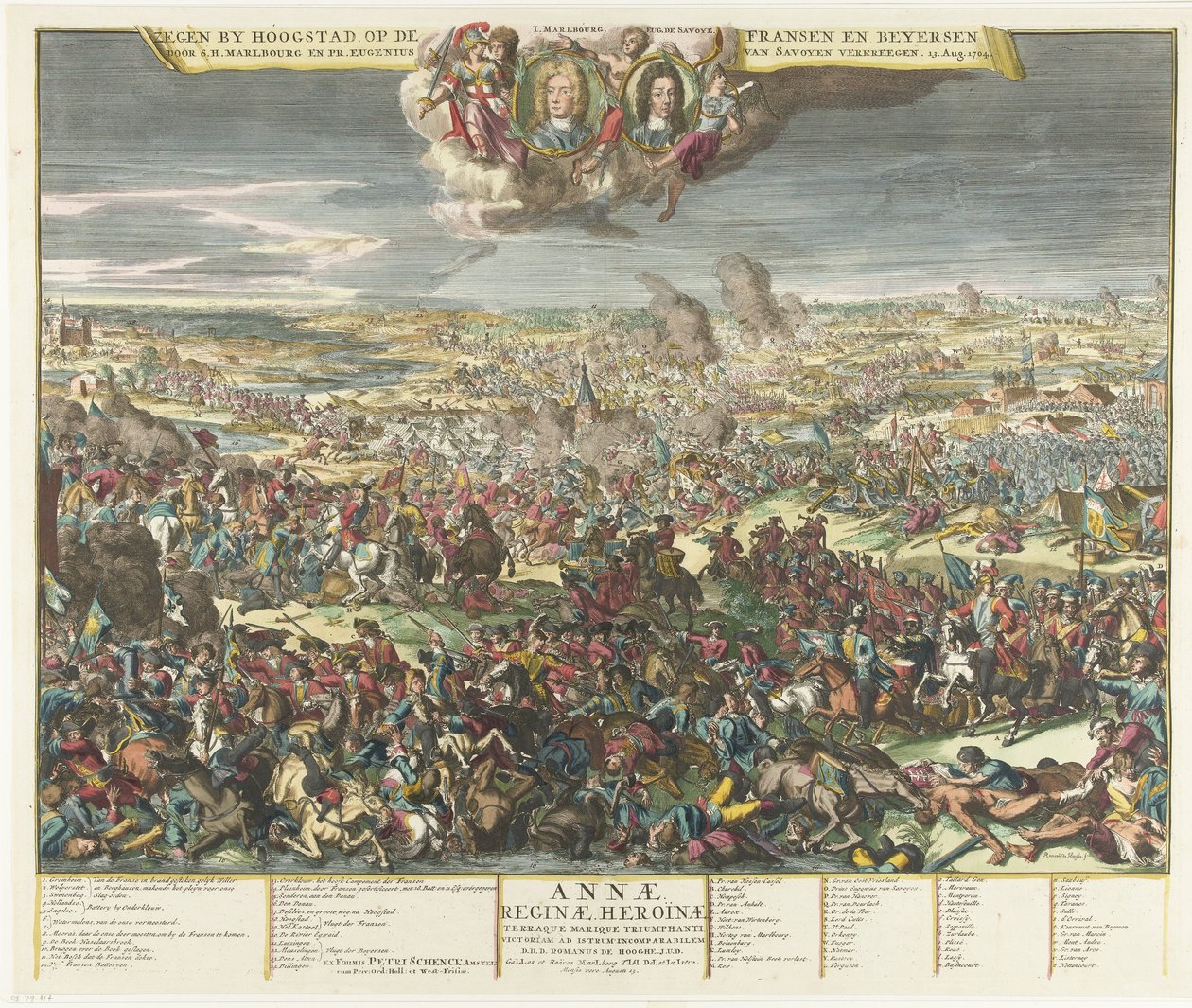 Slaget vid Höchstädt, 1704 Välsignelse av Hoogstad, på Fransen och Beyersen av S.H. Marlbourg och Pr. Eugenius av Savoyen, 13. Aug. 1704 (titel på objekt) av Romeyn de Hooghe