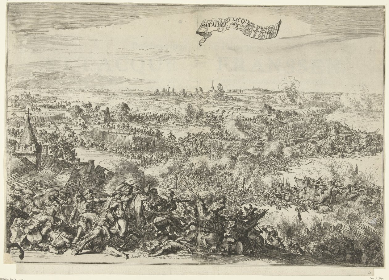 Slaget vid Seneffe, 1674 Siarens rasande Attacque förvandlas till en Bataille mellan Armies of the Geallie. en der Fransen (titel på objekt) Beskrivning av Furious Attacque der Franssen, On the Bagagie of the Army of the Allies: Förvandlas till en sc av Romeyn de Hooghe