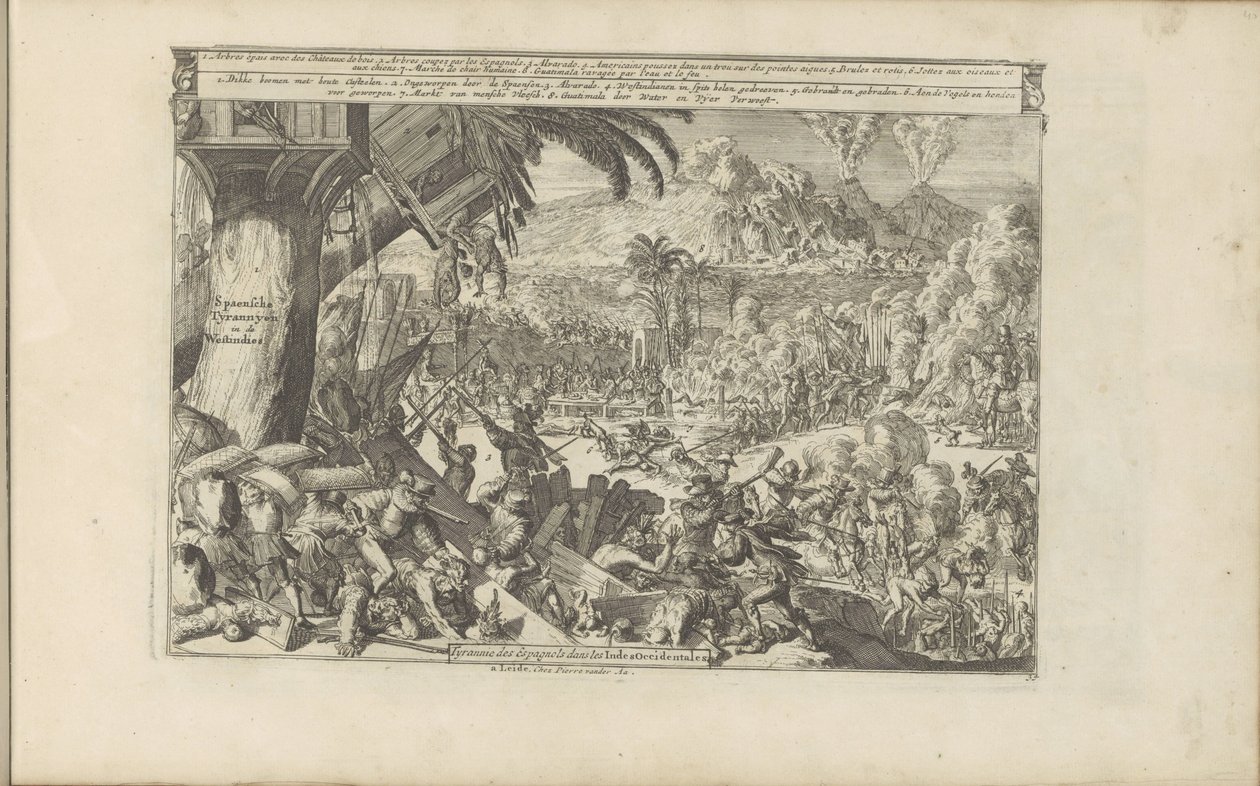 Spanska wredheden i Västindien Spaensche Tyrannyen in de Westindies / Spanjorernas tyranni i Västindien (titel på objektet) Öst- och Västindien och andra platser (serietitel) av Romeyn de Hooghe