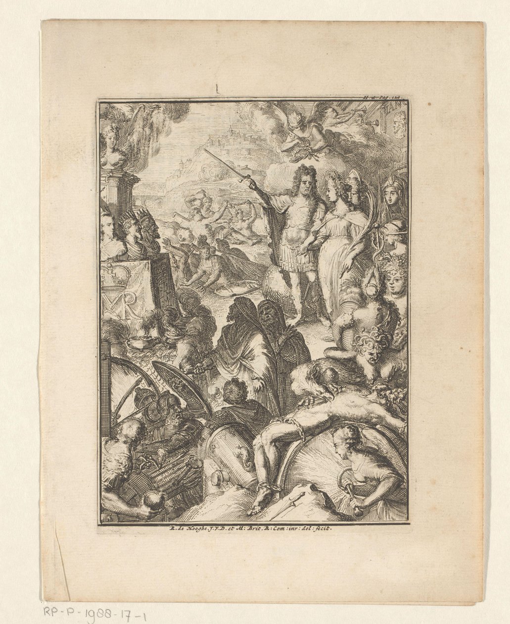Stadsinnehavaren William III och Mary Stuart mitt bland mytiska gestalter av Romeyn de Hooghe