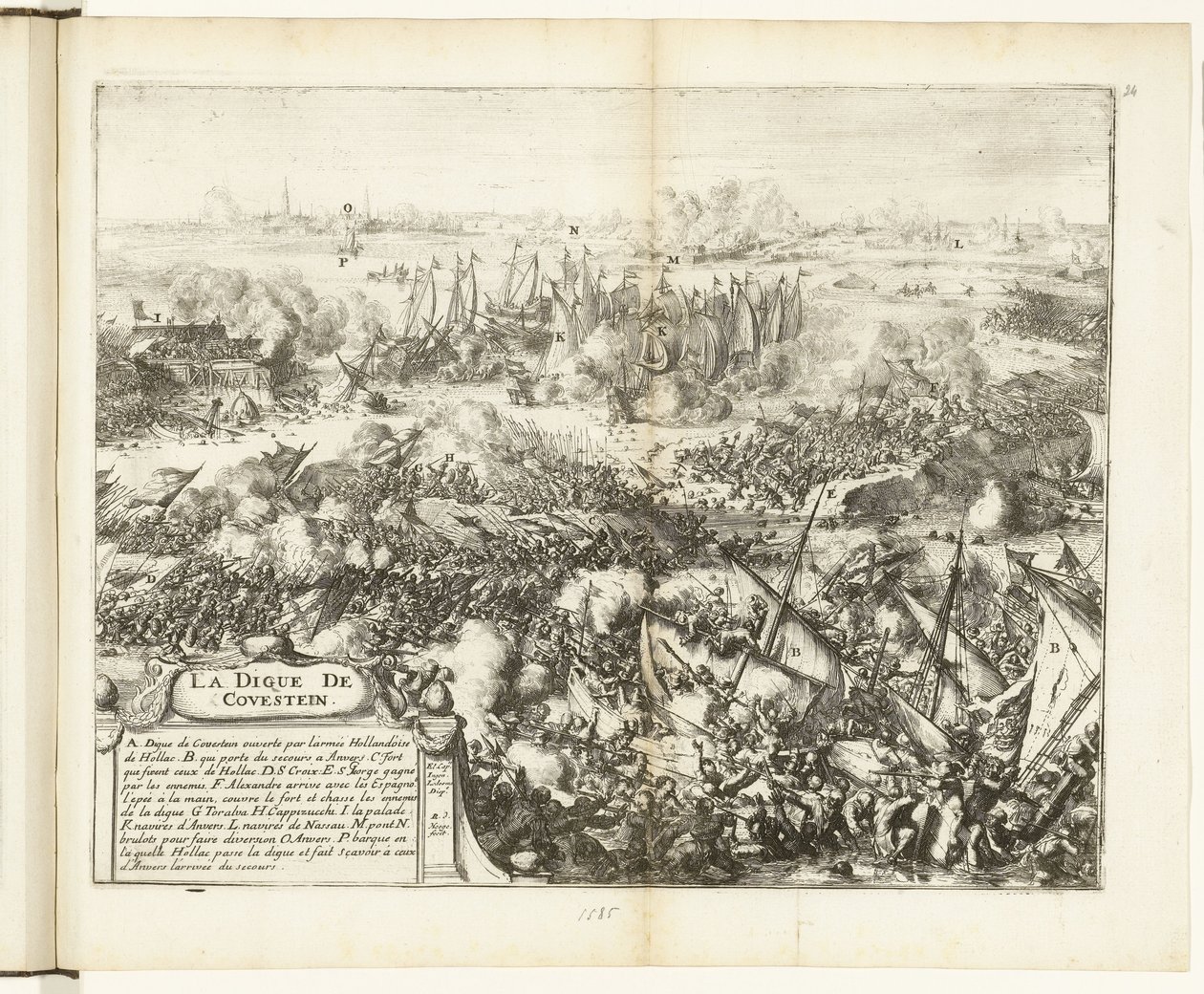 Slaget om Kauwenstein-vallen, 1585 La digue de Covestein (titel på objekt) Guerres de Flandres (serietitel) av Romeyn de Hooghe