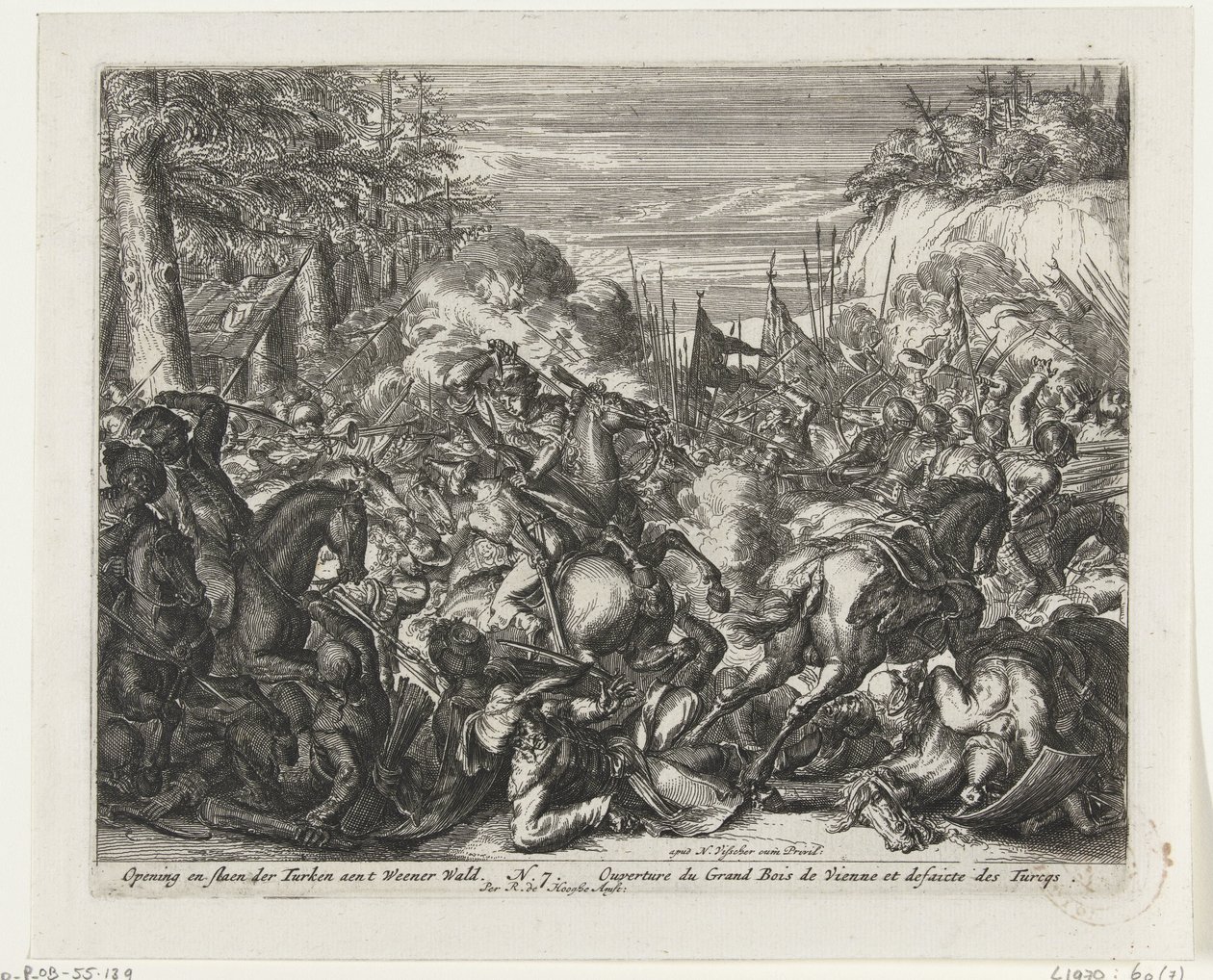 Strid mellan habsburgare och turkar i Wienskogen Öppnande och misshandel av turkarna aent Weener Wald (titel på objektet) av Romeyn de Hooghe