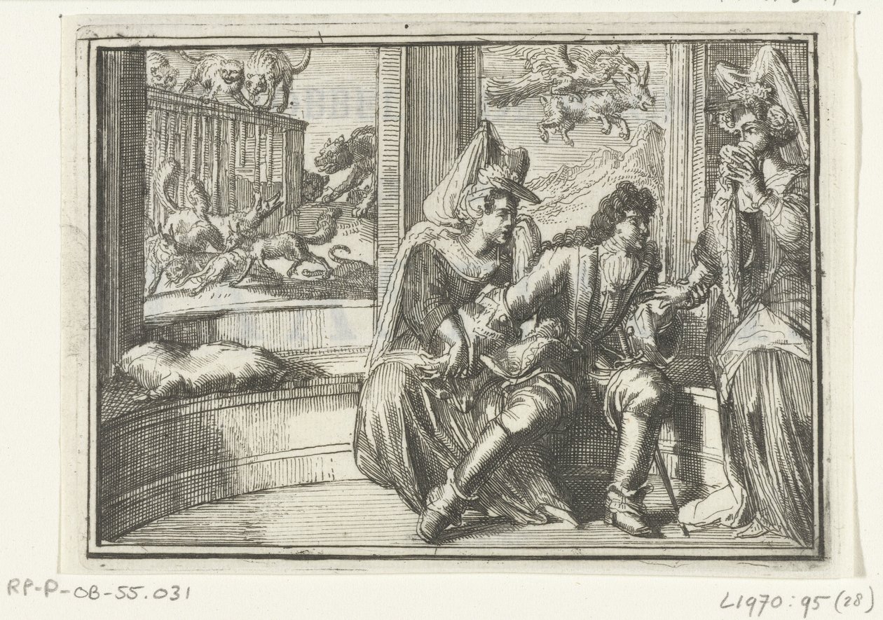 Titelsida för broschyren: The Bump in the Guard, on the Haasejagt, 1702 The Bump in the Guard, på Haasejagt (titel på objekt) Esopus in Europe (serietitel) av Romeyn de Hooghe