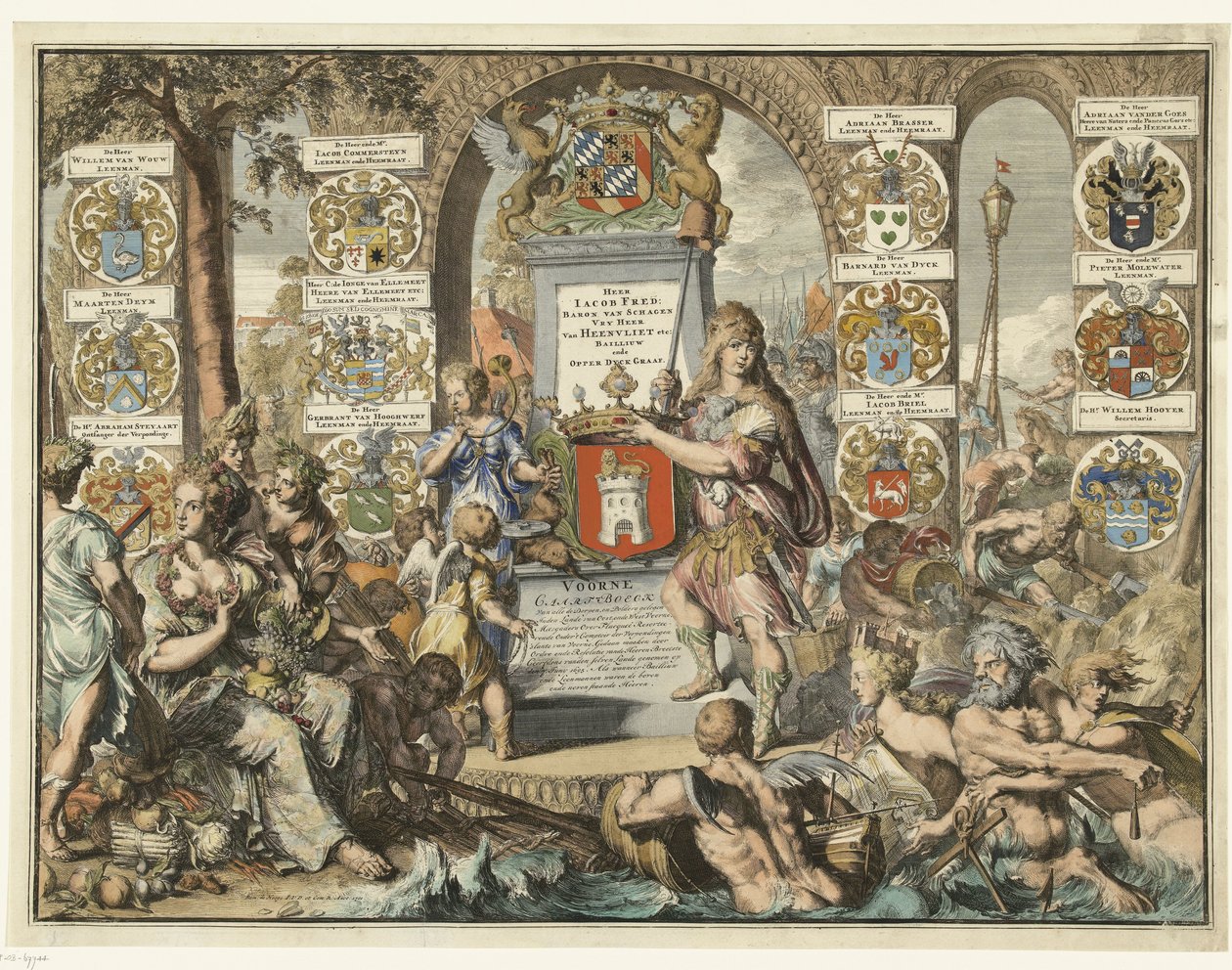 Titeltryck Caartboeck van Voorne, 1701 Voorne Caart-Boeck av alla byar och poldrar belägna i East Lande, och West Voorne (...) 7 juni 1695. Som när Bailliuw och Leenmannen var ovanstående och den intilliggande Heeren. (titel på objekt) av Romeyn de Hooghe