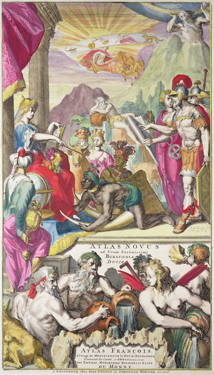 Titelsidan för "Atlas of the Serenity Duke of Burgundy" som visar Europa som tar emot hyllning från folken i Asien, Afrika och Amerika, ca 1730 av Romeyn de Hooghe