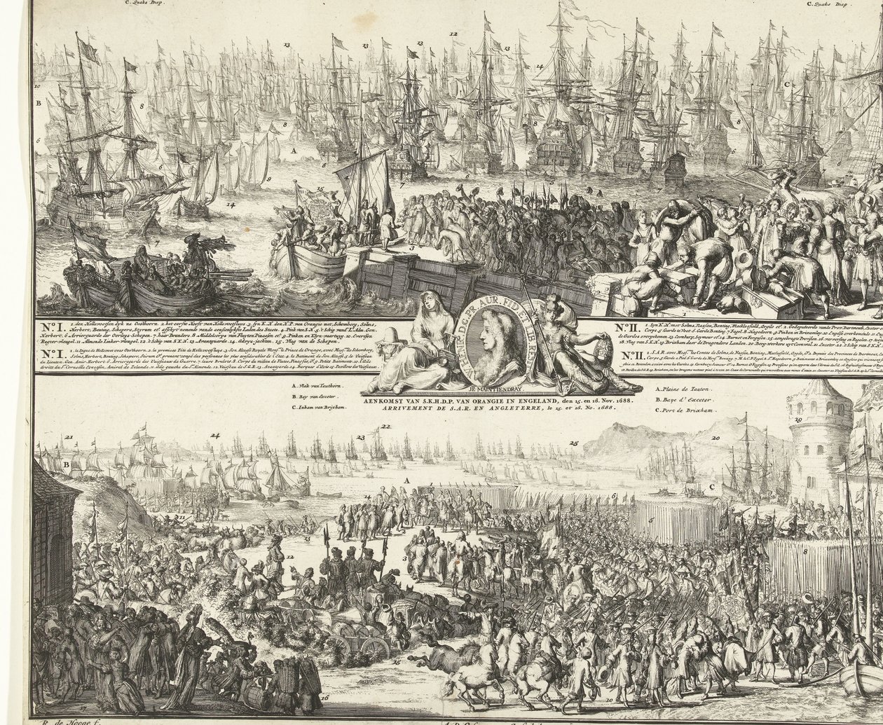Vilhelm III:s resa till England, 1688 Avgång av S.K.H. efter England, den 11. Nov. 1688 / Ankomst av S.K.H.D.P. av Orange i England, den 15:e och 16:e nov. 1688 (titel på objekt) Institutionen för S.A.R. pour Angleterre, Le 11. No. 1688 / Arrival de S.A av Romeyn de Hooghe