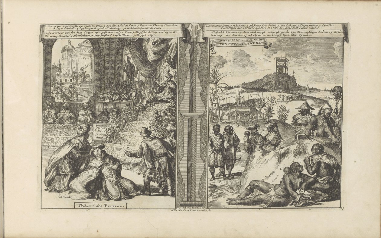 Tribunaal i Perzie; Khoikhoi i Guineers Persernas domstol // Hottentots in Guineesche / Hottentots and Inhabitants of Guinea (titel på objektet) Öst- och Västindien och andra platser (serietitel) av Romeyn de Hooghe