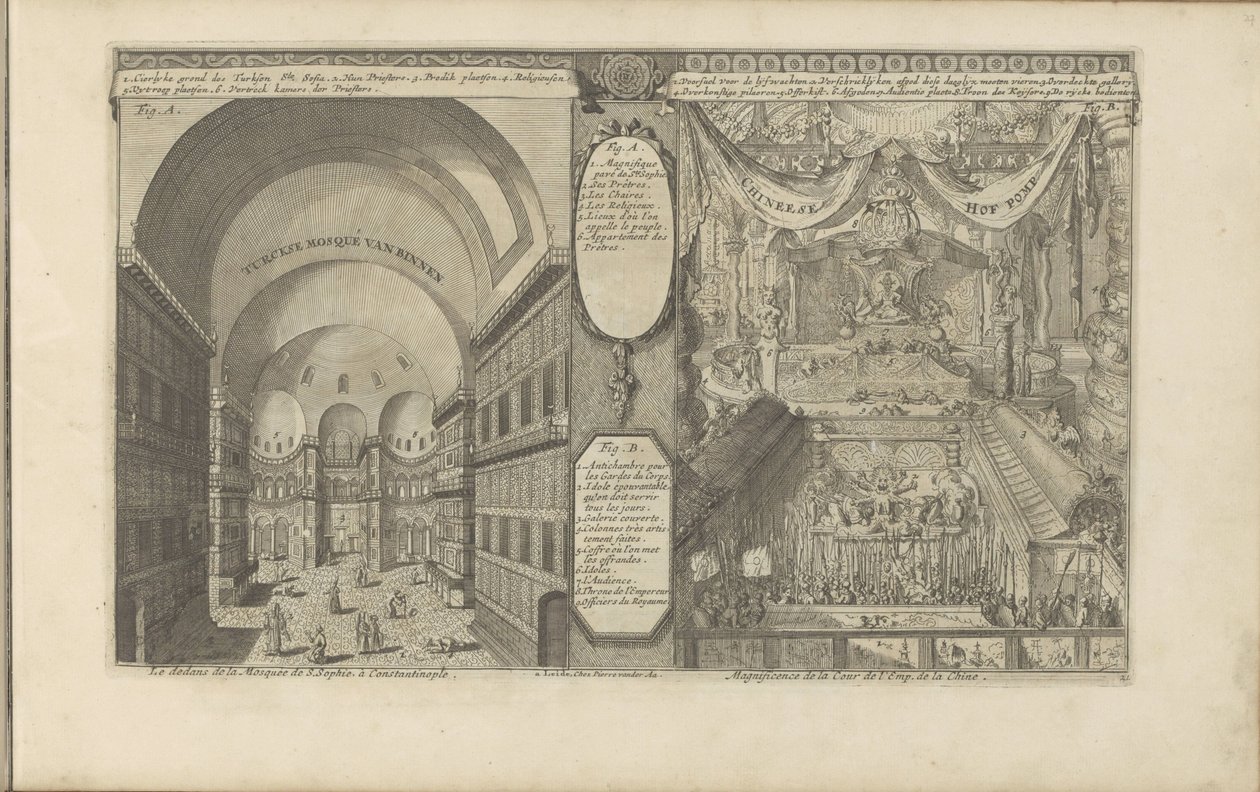 Turkisk moské i Constantinopel; Keizerlijkhof i Kina Turksche hånar van binnen / Interiören av moskén S. Sophia, i Konstantinopel // Kinesiska Hof Pomp / Magnificience of the Court of Emp. från Kina. (titel på objekt) Ostindien och O av Romeyn de Hooghe