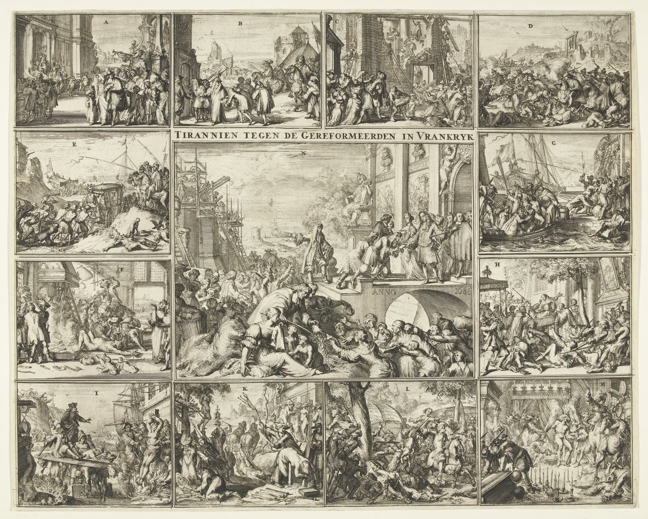 Förföljelse av protestanter i Frankrike efter upphävandet av ediktet av Nantes, 1685-1686 Tyrannier mot de reformerte i Frankrike (titel på objekt) av Romeyn de Hooghe