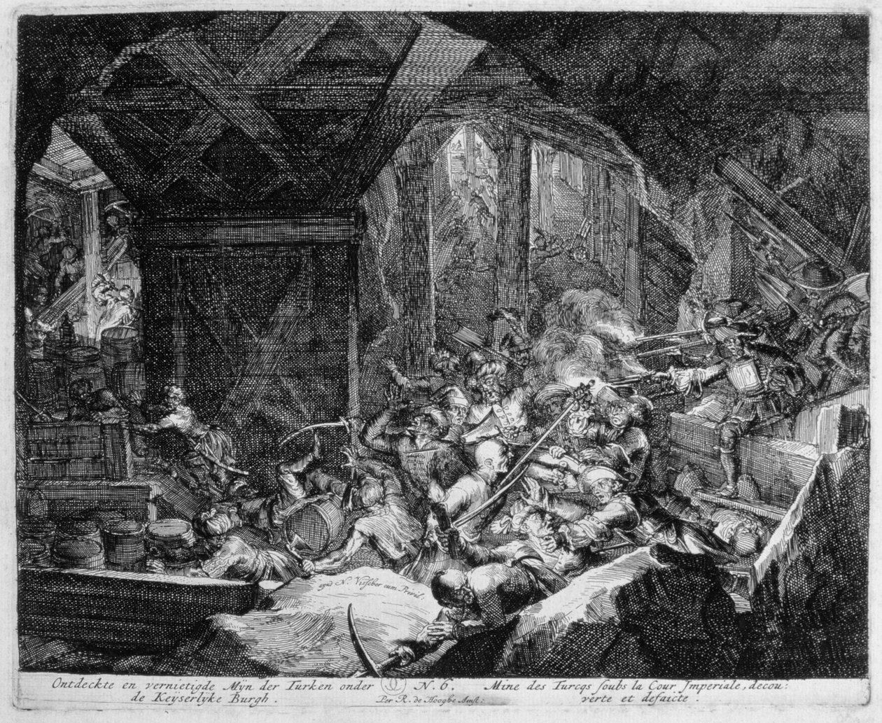 Vienna Print Cycle, upptäckt och förstörelse av en turkisk gruva under det kejserliga palatset, 1683 av Romeyn de Hooghe