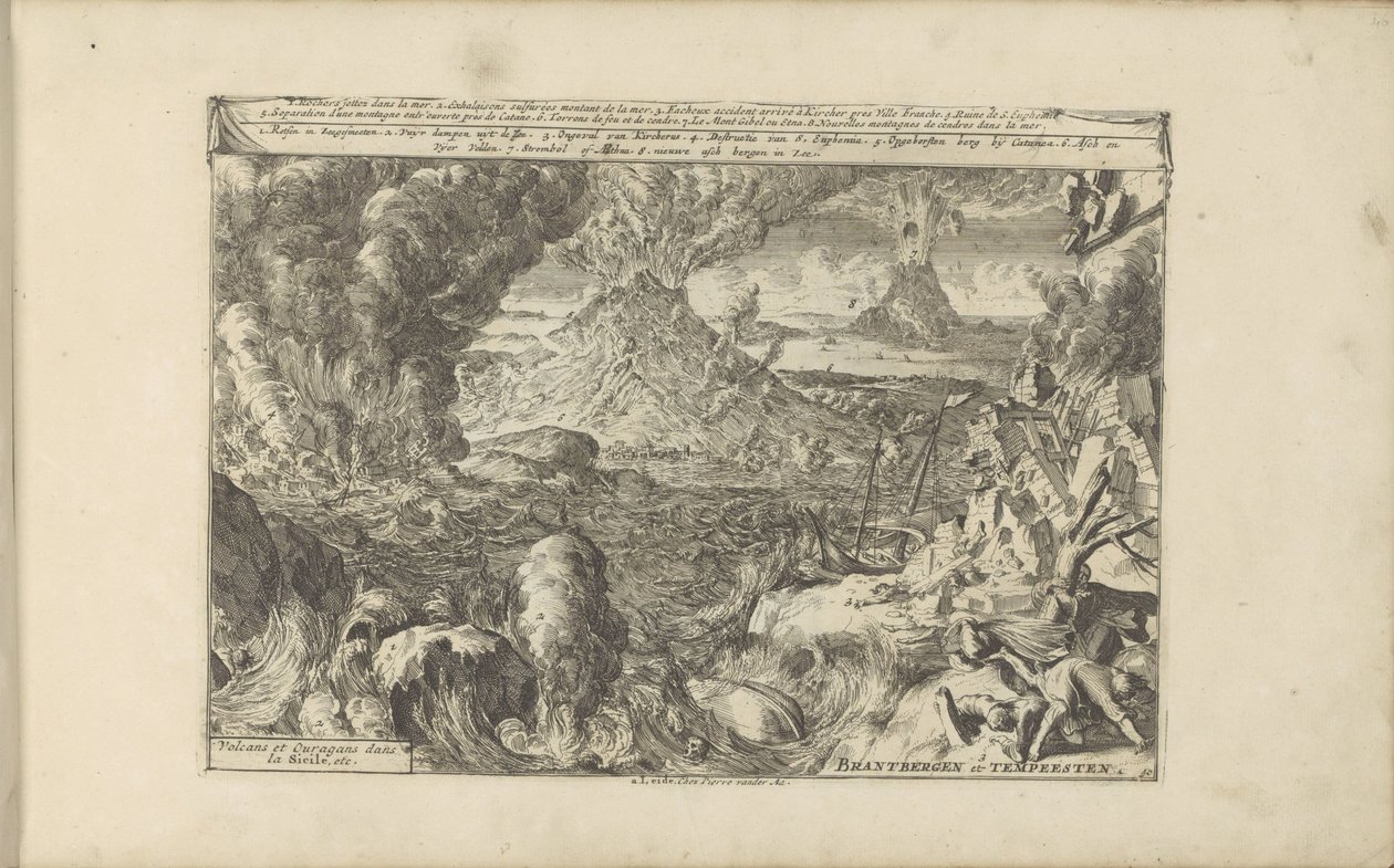 Vulkanen i berättelse Brantbergen och Tempeesten / vulkaner och orkan på Sicilien, etc. (Titel på objekt) East and Western Indies and Other Places (serietitel) av Romeyn de Hooghe