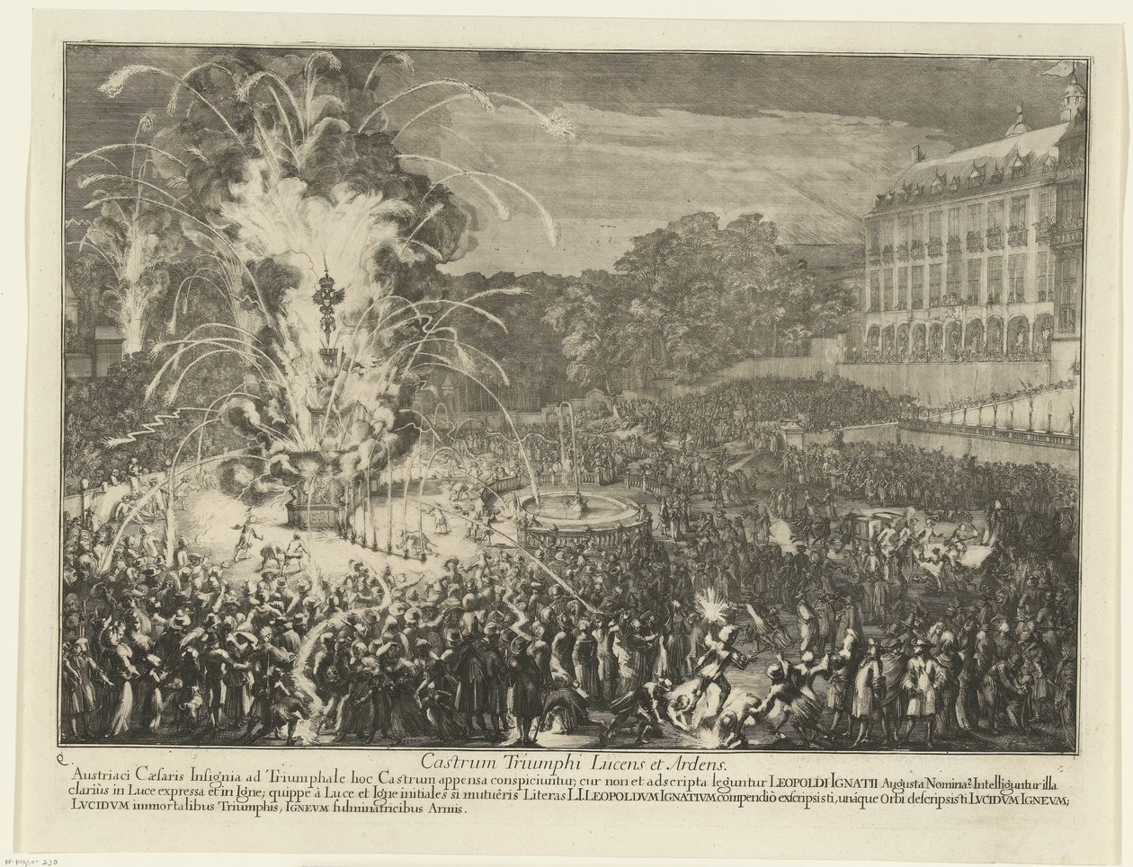 Fyrverkerier i palatsträdgården, 1686 Castrum Triumphi Lucens et Ardens (titel på objekt) Leopold I:s intåg i Bryssel efter att ha besegrat turkarna, 1686 (serietitel) av Romeyn de Hooghe