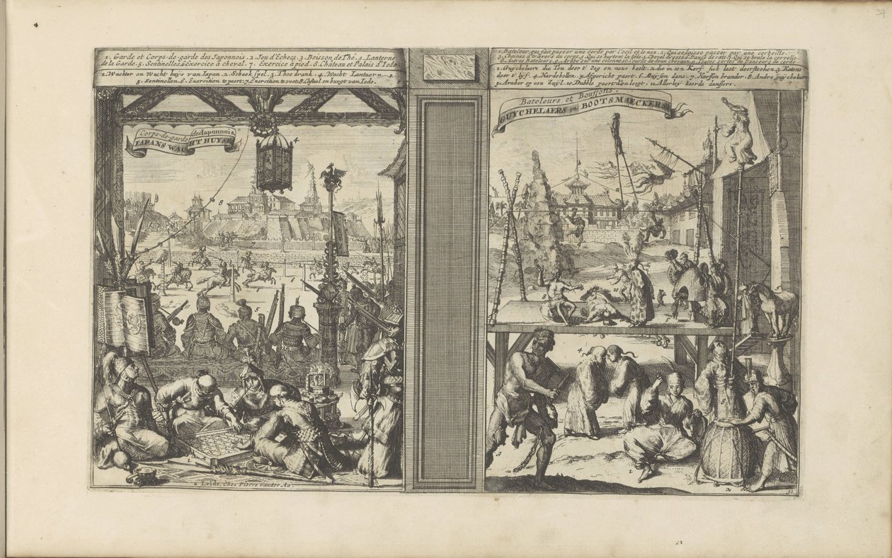 Vakthus i Japan; Magiker och akrobater Japans Wacht Huyse / Corps-de-garde des Japonnois // Guychelaers och Bootsmaeckers (titel på objektet) Les Indes Orientales et Occidentales et autres lieux (serietitel) av Romeyn de Hooghe