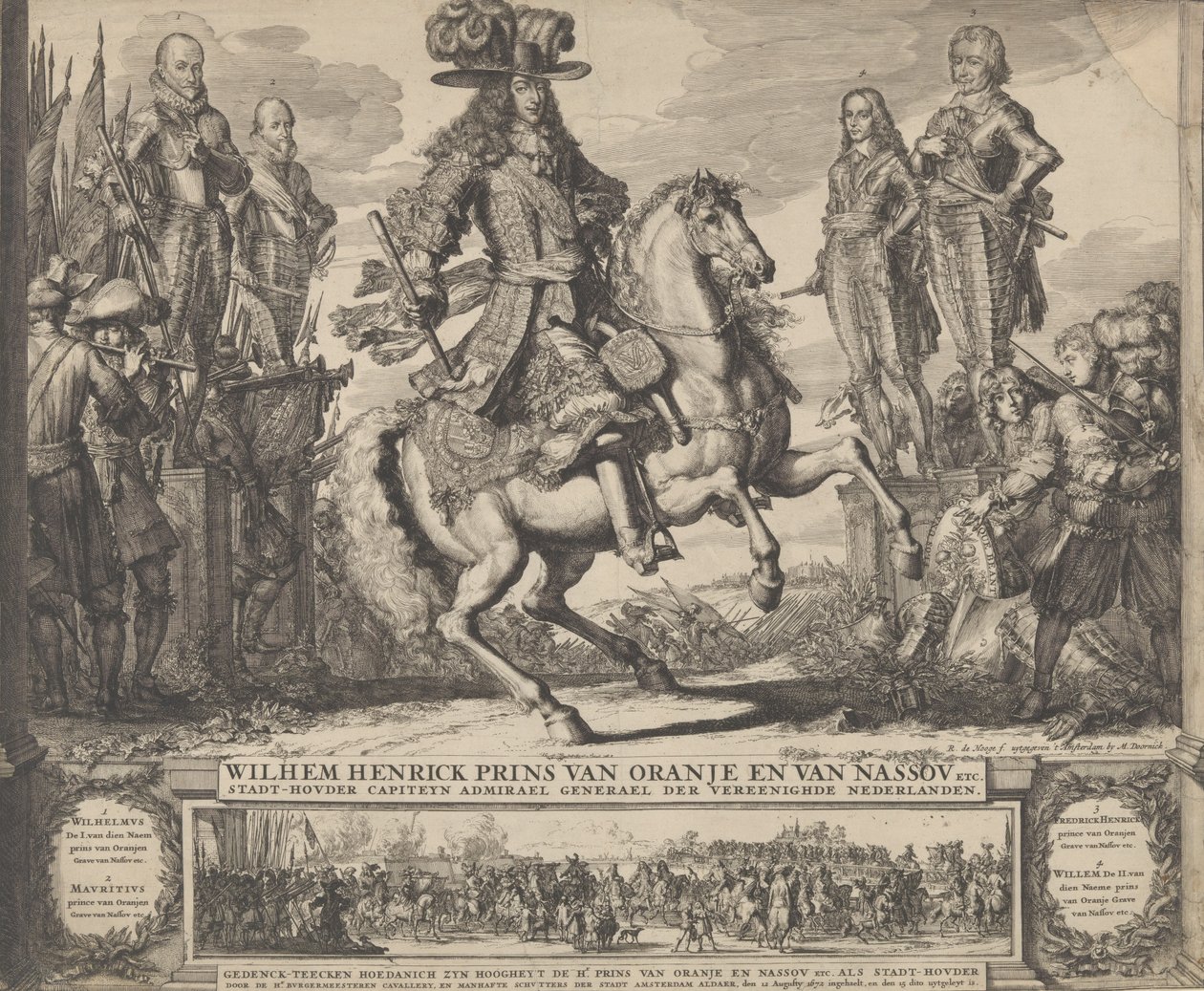 William III som prins av Orange, med de fyra föregående Stadthouders, William I, Maurice,..., n.d.. av Romeyn de Hooghe