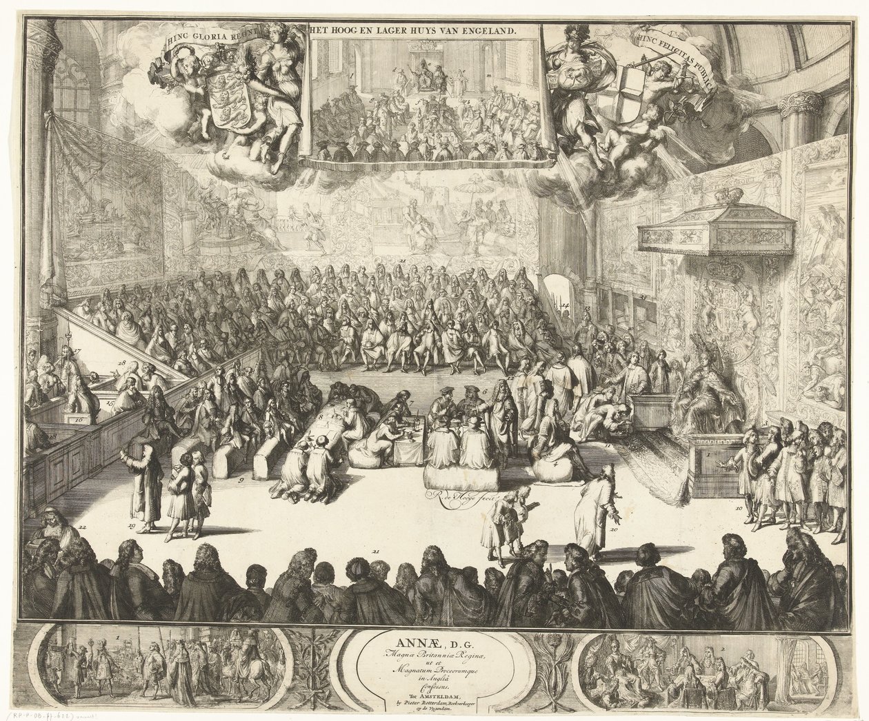 Zitting van het Lagerhuis met koningin Anna op de troon, 1702 Anne, D.G. Drottningen av Storbritannien, såväl som de stora prinsarna av England bekände (titel på objektet) av Romeyn de Hooghe