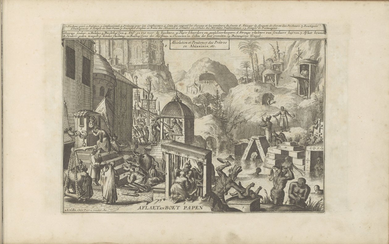 Zon i låda Aflaet en Boet Papen / Absolution and Penitence of Priests in Abissinia, etc. (titel på objekt) Öst- och Västindien och andra platser (serietitel) av Romeyn de Hooghe