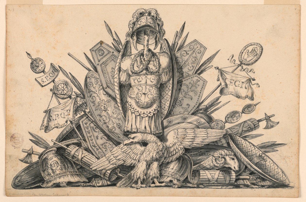 Teckning, En vapentrofé avsedd att utföras i måleri, 1830-1850 av Romolo Achille Liverani