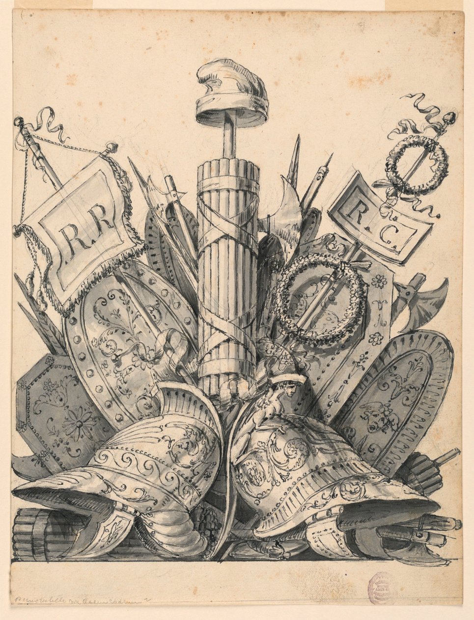 Teckning, Vapentrofé, 1830-1850 av Romolo Achille Liverani