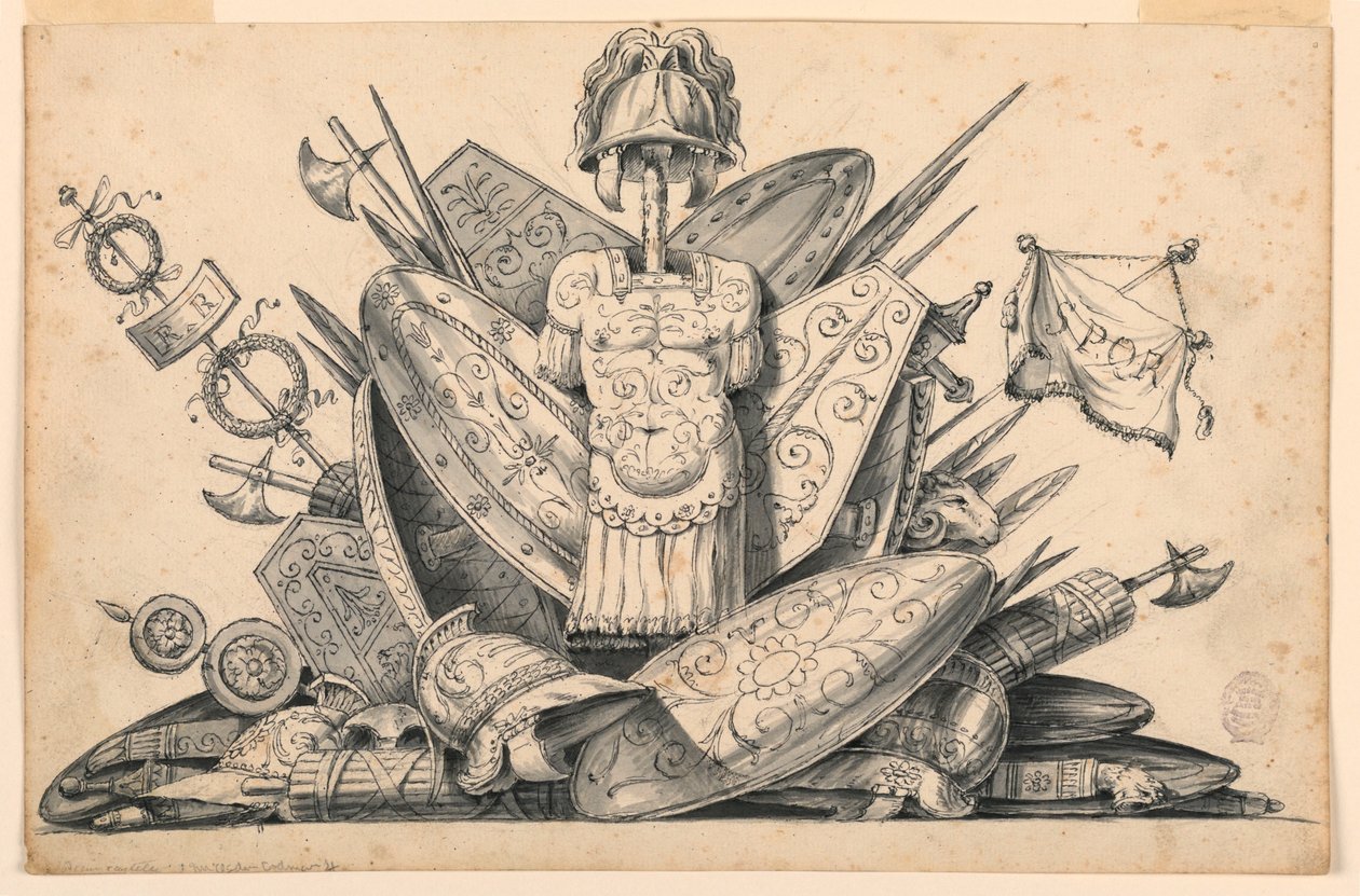 Teckning, Vapentrofé, 1830-1850 av Romolo Achille Liverani