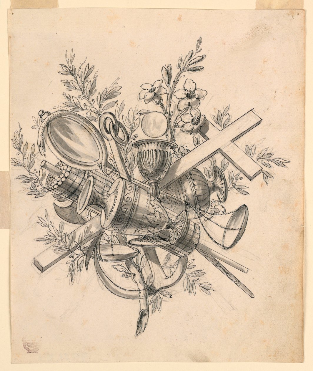 Teckning, Trofé med symboler för dygderna, 1830-1850 av Romolo Achille Liverani