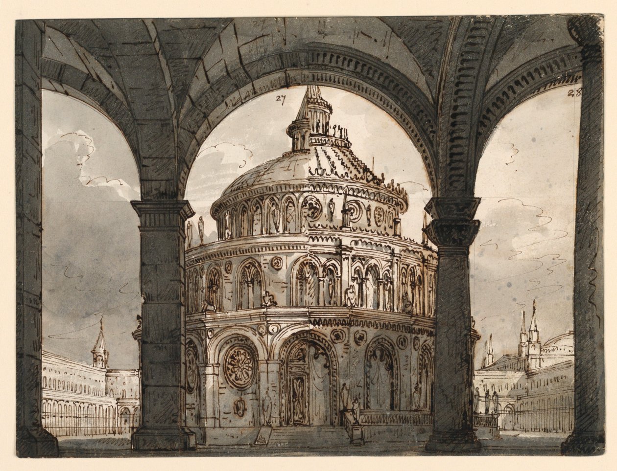 Scenografi, Atrium med Hospitallernas tempel för Operan "La Straniera" av Vincenzo Bellini av Romolo Achille Liverani