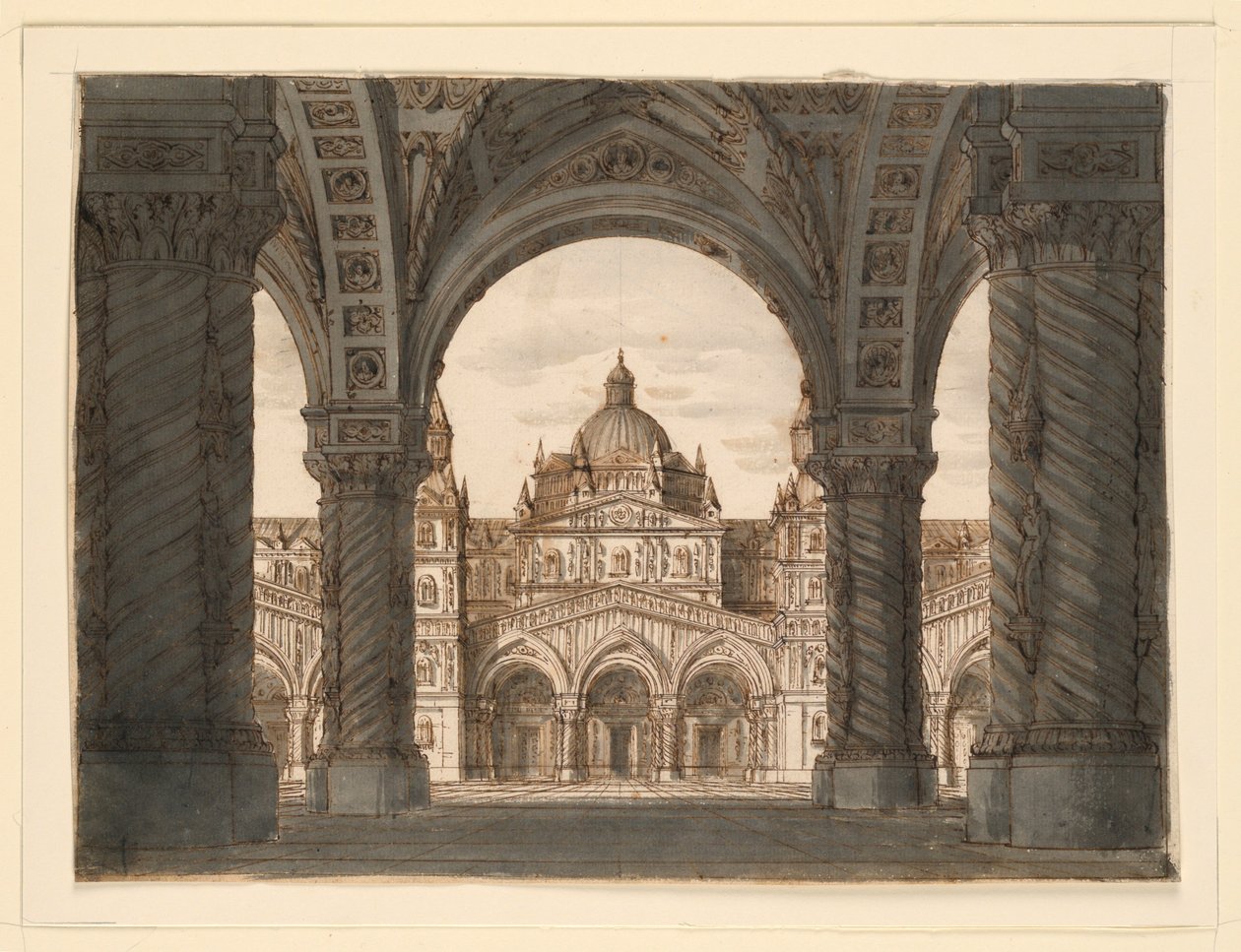 Scenografi, kyrkfasad från en loggia, I due Valdomiri av Felice Romani, musik av Pietro de Winter. Framförd på La Scala, Milano, 1818 av Romolo Achille Liverani