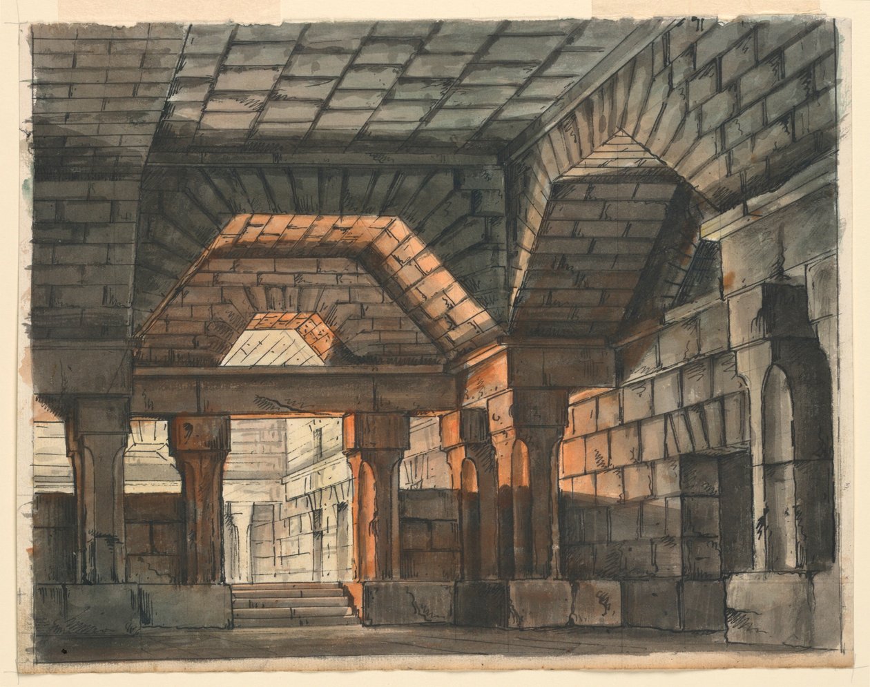 Scendesign, befäst slottsinredning för "Ciro in Babilonia" av Gioachino Rossini, La Scala, Milano, 1818, "Underground Prison" av Romolo Achille Liverani