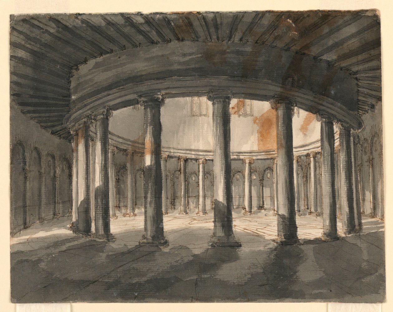 Scendesign, interiör av cirkulär byggnad av Romolo Achille Liverani